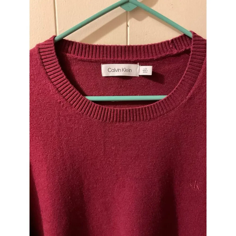 Calvin Klein Sweater Mens Large Burgundy Extra Fine Merino Wool Crewneck